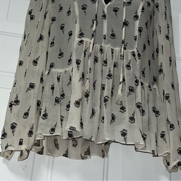 Rebecca Taylor Boho 100% Silk Chiffon Ruffle Ivory Black Floral Peasant Top S - Picture 8 of 16